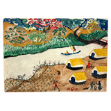 Yellow Roofs, Blue Boat, Tshibanda Muayabu Mid 20th C. Presumed Congolese Folk Art Tempera Painting