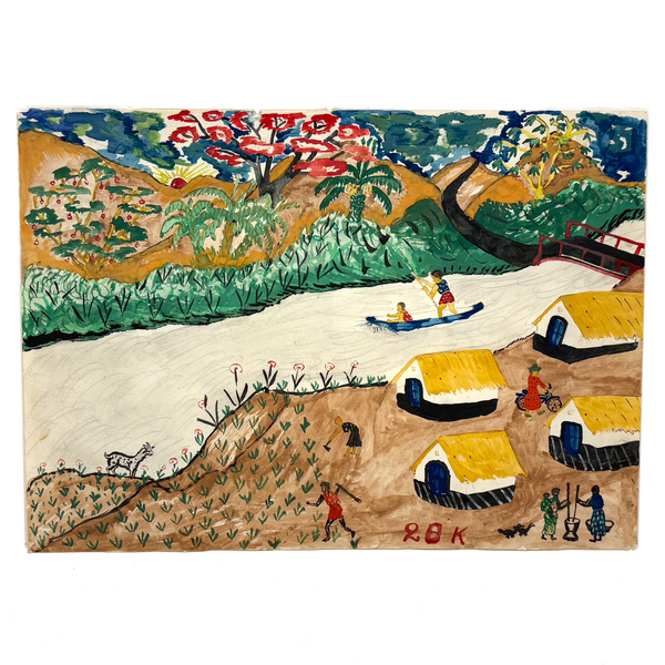 Yellow Roofs, Blue Boat, Tshibanda Muayabu Mid 20th C. Presumed Congolese Folk Art Tempera Painting