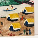 Yellow Roofs, Blue Boat, Tshibanda Muayabu Mid 20th C. Presumed Congolese Folk Art Tempera Painting