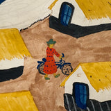 Yellow Roofs, Blue Boat, Tshibanda Muayabu Mid 20th C. Presumed Congolese Folk Art Tempera Painting
