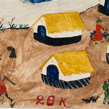 Yellow Roofs, Blue Boat, Tshibanda Muayabu Mid 20th C. Presumed Congolese Folk Art Tempera Painting