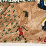 Yellow Roofs, Blue Boat, Tshibanda Muayabu Mid 20th C. Presumed Congolese Folk Art Tempera Painting