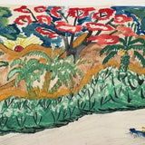 Yellow Roofs, Blue Boat, Tshibanda Muayabu Mid 20th C. Presumed Congolese Folk Art Tempera Painting