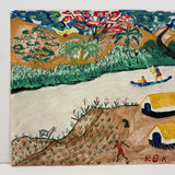 Yellow Roofs, Blue Boat, Tshibanda Muayabu Mid 20th C. Presumed Congolese Folk Art Tempera Painting