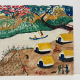 Yellow Roofs, Blue Boat, Tshibanda Muayabu Mid 20th C. Presumed Congolese Folk Art Tempera Painting
