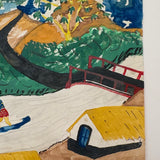 Yellow Roofs, Blue Boat, Tshibanda Muayabu Mid 20th C. Presumed Congolese Folk Art Tempera Painting