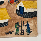 Yellow Roofs, Blue Boat, Tshibanda Muayabu Mid 20th C. Presumed Congolese Folk Art Tempera Painting