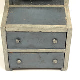 Antique Folk Art Cigar Box Wood Doll Chest with Mirror Plus Wash Stand in Blue and Silver
