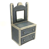 Antique Folk Art Cigar Box Wood Doll Chest with Mirror Plus Wash Stand in Blue and Silver