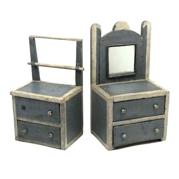 Antique Folk Art Cigar Box Wood Doll Chest with Mirror Plus Wash Stand in Blue and Silver