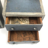 Antique Folk Art Cigar Box Wood Doll Chest with Mirror Plus Wash Stand in Blue and Silver