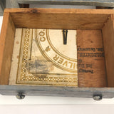 Antique Folk Art Cigar Box Wood Doll Chest with Mirror Plus Wash Stand in Blue and Silver