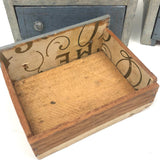 Antique Folk Art Cigar Box Wood Doll Chest with Mirror Plus Wash Stand in Blue and Silver