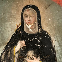 Santa Rita de Cascia with Skull, 19th C. Spanish Colonial Retablo on Tin