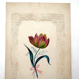 Fancy Tulip on Paper Lace, Lovely Monogrammed Watercolor on Embossed Card, c. 1840s, Boston
