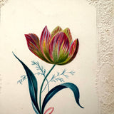 Fancy Tulip on Paper Lace, Lovely Monogrammed Watercolor on Embossed Card, c. 1840s, Boston