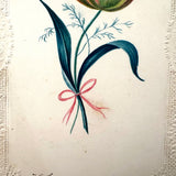 Fancy Tulip on Paper Lace, Lovely Monogrammed Watercolor on Embossed Card, c. 1840s, Boston