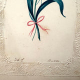Fancy Tulip on Paper Lace, Lovely Monogrammed Watercolor on Embossed Card, c. 1840s, Boston