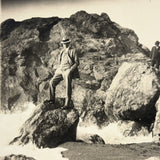Men in Hats on Rocks and Lighthouse, Unusual and Super Cinematic Old RPPC