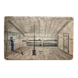 SOLD Archictectural Interior with Stove and Man in Blue, Wonderful Antique Oil on Waxed Canvas Painting