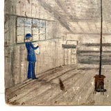 SOLD Archictectural Interior with Stove and Man in Blue, Wonderful Antique Oil on Waxed Canvas Painting