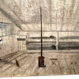 SOLD Archictectural Interior with Stove and Man in Blue, Wonderful Antique Oil on Waxed Canvas Painting