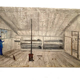 SOLD Archictectural Interior with Stove and Man in Blue, Wonderful Antique Oil on Waxed Canvas Painting