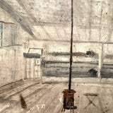 SOLD Archictectural Interior with Stove and Man in Blue, Wonderful Antique Oil on Waxed Canvas Painting