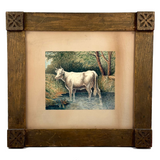 White Cow Wading, Lovely Antique Watercolor Signed Ward in Hand-carved, Presumed Original, Folk Art Frame