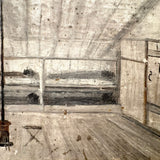 SOLD Archictectural Interior with Stove and Man in Blue, Wonderful Antique Oil on Waxed Canvas Painting