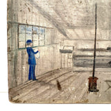 SOLD Archictectural Interior with Stove and Man in Blue, Wonderful Antique Oil on Waxed Canvas Painting