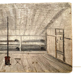 SOLD Archictectural Interior with Stove and Man in Blue, Wonderful Antique Oil on Waxed Canvas Painting