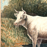 White Cow Wading, Lovely Antique Watercolor Signed Ward in Hand-carved, Presumed Original, Folk Art Frame