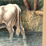White Cow Wading, Lovely Antique Watercolor Signed Ward in Hand-carved, Presumed Original, Folk Art Frame