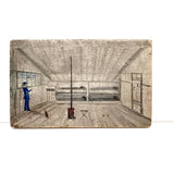 SOLD Archictectural Interior with Stove and Man in Blue, Wonderful Antique Oil on Waxed Canvas Painting