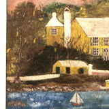 Yellow House with Sailboat, Charming Old Folk Art Painting on Wood Panel