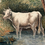 White Cow Wading, Lovely Antique Watercolor Signed Ward in Hand-carved, Presumed Original, Folk Art Frame