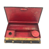 Wonderful 19th C. Tole Painted Double Sided Book Shaped Writing Box with Ink Wells