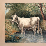 White Cow Wading, Lovely Antique Watercolor Signed Ward in Hand-carved, Presumed Original, Folk Art Frame
