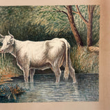 White Cow Wading, Lovely Antique Watercolor Signed Ward in Hand-carved, Presumed Original, Folk Art Frame