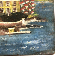 Yellow House with Sailboat, Charming Old Folk Art Painting on Wood Panel