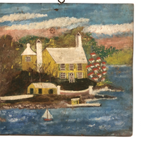 Yellow House with Sailboat, Charming Old Folk Art Painting on Wood Panel