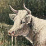 White Cow Wading, Lovely Antique Watercolor Signed Ward in Hand-carved, Presumed Original, Folk Art Frame