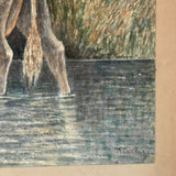 White Cow Wading, Lovely Antique Watercolor Signed Ward in Hand-carved, Presumed Original, Folk Art Frame