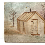 Company H, 4th Sec. Cabin, Lovely Small Antique Painting on Oiled Canvas Over Wood, Signed Hicks