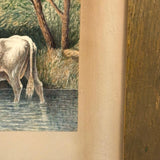 White Cow Wading, Lovely Antique Watercolor Signed Ward in Hand-carved, Presumed Original, Folk Art Frame