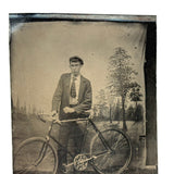 Young Man with (Iver Johnson?) Bike and Painted Trees, Antique Tintype