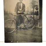 Young Man with (Iver Johnson?) Bike and Painted Trees, Antique Tintype
