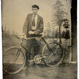 Young Man with (Iver Johnson?) Bike and Painted Trees, Antique Tintype
