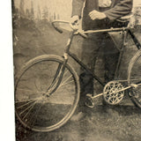 Young Man with (Iver Johnson?) Bike and Painted Trees, Antique Tintype
